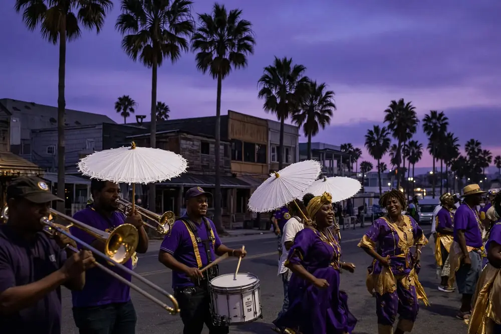 The second line at an LSU SoCal boil, brass and purple in the street